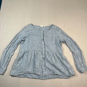 Sigrid Olsen Blue Striped 100% Linen Peplum Button Front Long Sleeve Top Women M